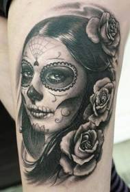 Leg gray smiling death girl tattoo pattern