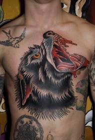 Mužský hrudník stará škola farebný vzor vlka tetovania