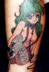 Padrão de tatuagem de menina asiática no tornozelo com cabelo verde de bezerro