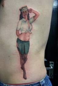 Waist side color military girl tattoo pattern