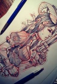 Eropah dan Amerika sekolah cowgirl gadis pistol corak tatu manuskrip