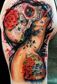 Kolor tatuażu meksykańska czaszka dziewczyna tatuaż wzór