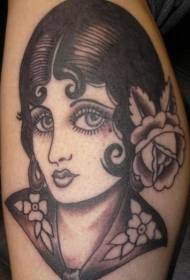 Vieja escuela negro gris dibujado a mano chica retrato tatuaje patrón