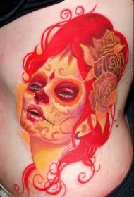 Waist-side colored cute red-haired death girl tattoo
