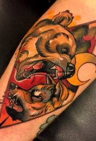 New genre colored geometric evil bear with wolf and moon tattoo pattern