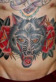 Stari šolo obarvan vzorec tatoo trebuh volk
