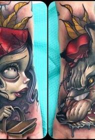 Wzorzyste kolorowe wzory tatuaży Paulus i Little Red Riding Hood