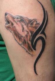 Brown howling wolf head with black tribal logo tattoo pattern