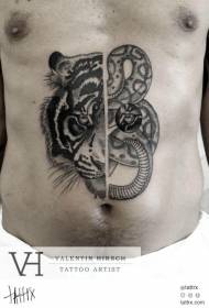 Nieprawidłowe połączenie brzucha czarno-biały wzór tatuażu tygrysa i węża