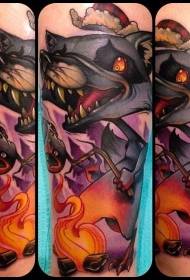 Lobo engraçado colorido dos desenhos animados estilo com padrão de tatuagem de flama