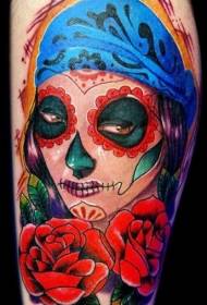 蓝色头巾的死亡女郎和红玫瑰纹身图案