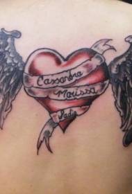 Back colored love and wings tattoo pattern