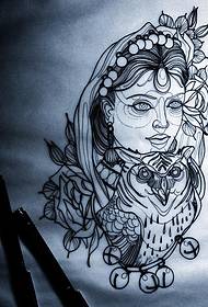 European and American school girl owl bell rose tattoo manuscript