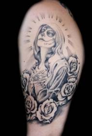 Shoulder gray praying girl tattoo pattern