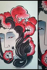 Rukopis uzorka tetovaže japanske djevojke hobotnice u boji