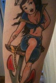 Arm color traditional sailor girl tattoo pattern