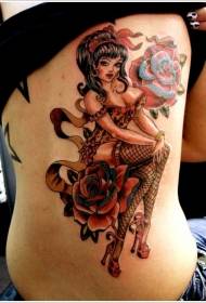 Kulay ng pako ng gilid ng old school sexy girl na may rose tattoo