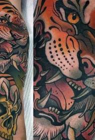 цвят на ръката гневно ревящ тигър с снимка на татуировка на човешки череп