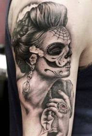 Shoulder gray ink death girl tattoo pattern