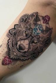 Big arm sting color wolf with diamond tattoo pattern