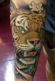 Arm color tiger with small flower tattoo pattern