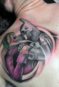 Schouderkleur cartoon batman en clown tattoo foto