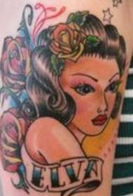 Leg color traditional style girl and english tattoo