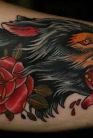 Traditional vintage violent bloody wolf and red rose tattoo picture