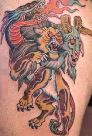 color traditional sheep head tiger and fire dragon tattoo pictures on the thigh