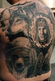 Back wolf head bear head with Indian portrait tattoo pattern