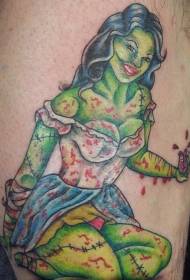 Leg color bloody zombie girl tattoo pattern