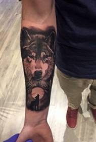 Boys arms on black gray pricks geometric simple lines moon and wolf tattoo pictures