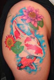 spalvinga koi žuvis maudosi tvenkinio tatuiruotės modelyje