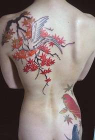back cute bird and koi fish maple leaf tattoo pattern