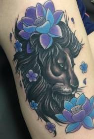 Hermoso patrón de tatuaje de loto y león morado 129793- Brazo hermoso patrón de tatuaje de familia de león gris negro