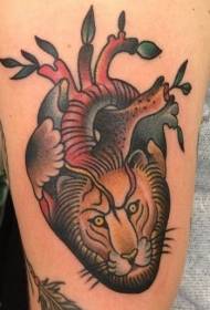 arm colored lion with heart tattoo pattern