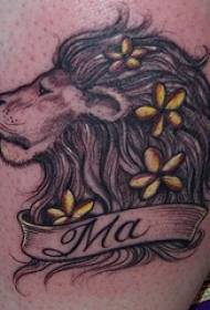pierna color flor cabeza de león tatuaje patrón