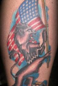 leg colored 猖獗 lion with American flag tattoo
