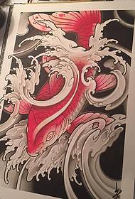传统鲤鱼浪花彩绘纹身图案手稿