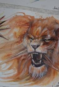 欧美泼墨凶猛的狮子纹身图案手稿