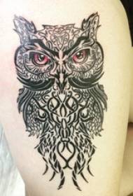 girls thigh black and white small animal geometric line owl tattoo picture