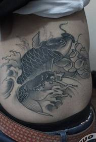 一幅腰部黑灰鲤鱼莲花纹身图案