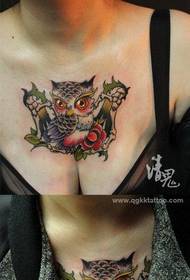 girls chest popular cute owl tattoo pattern