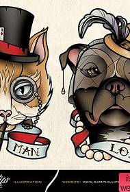 grupo popular clássico de manuscrito de tatuagem de gato e cachorro
