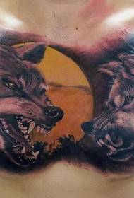 A picture of a domineering wolf head tattoo on the chest
