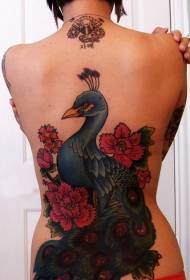 back beautiful color illustration style peacock and flower tattoo pattern