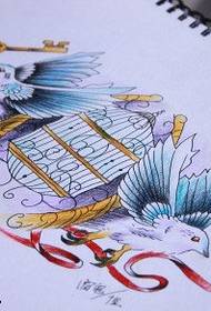 color birdcage pigeon key tattoo manuscript pattern