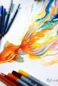ipininta watercolor malikhaing abstract makulay na tinta na goldfish tattoo manuskrito