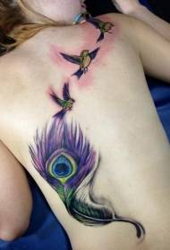 girl back beautiful illustration style peacock feather and bird tattoo pattern