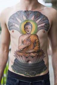 tiyan ug dughan Buddha nga naglingkod sa pattern sa tattoo sa lotus ug ahas